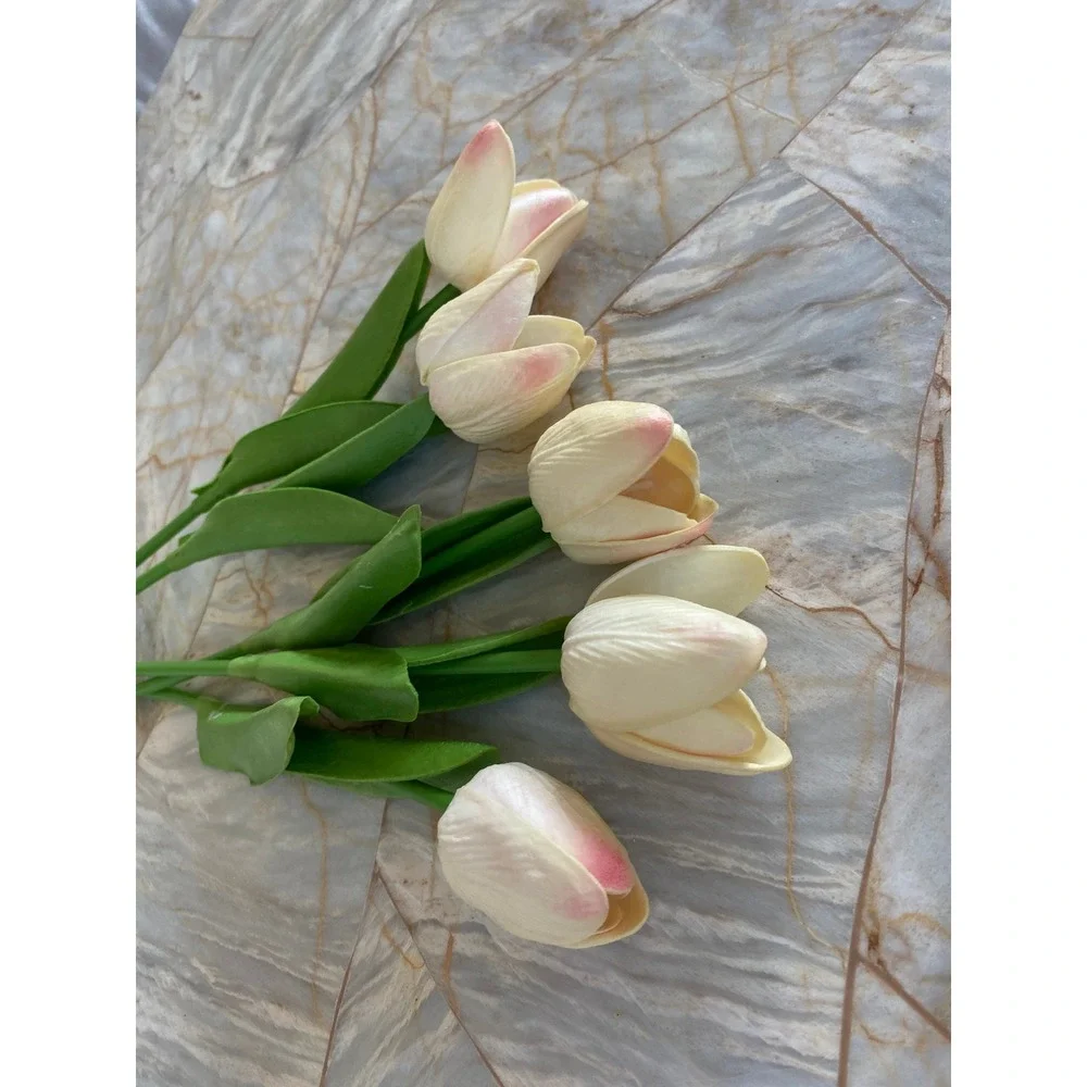 5 Piece Artificial Tulip Stems Cream Pink Faux Silk Flowers Spring Home Decor